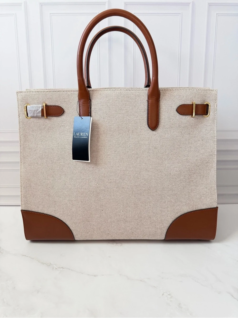 Lauren Ralph Lauren Canvas Leather Large Tote Bag Tan Brown NWT $325